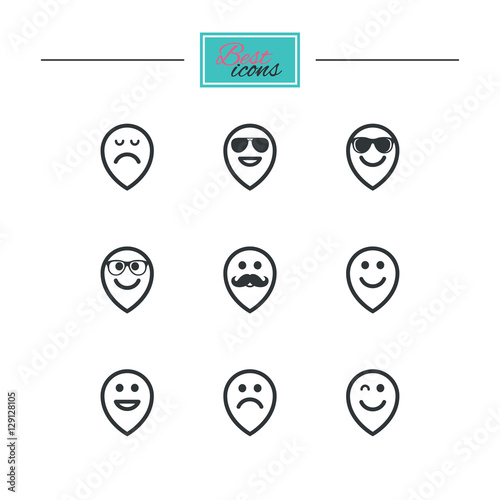 Smile pointers icons. Happy, sad and wink faces signs. Sunglasses, mustache and laughing lol smiley symbols. Black flat icons. Classic design. Vector