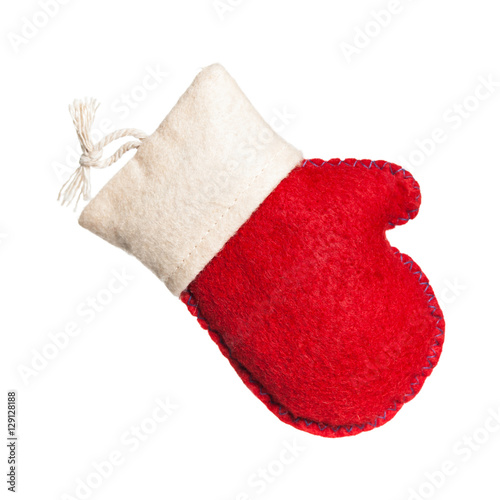 Christmas Red and White Felt Mitten Isolated on a white background. Selective focus.