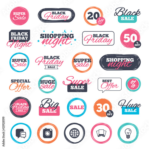 Sale shopping stickers and banners. Social media icons. Chat speech bubble and world globe symbols. Hipster photo camera sign. Photo frames. Website badges. Black friday. Vector