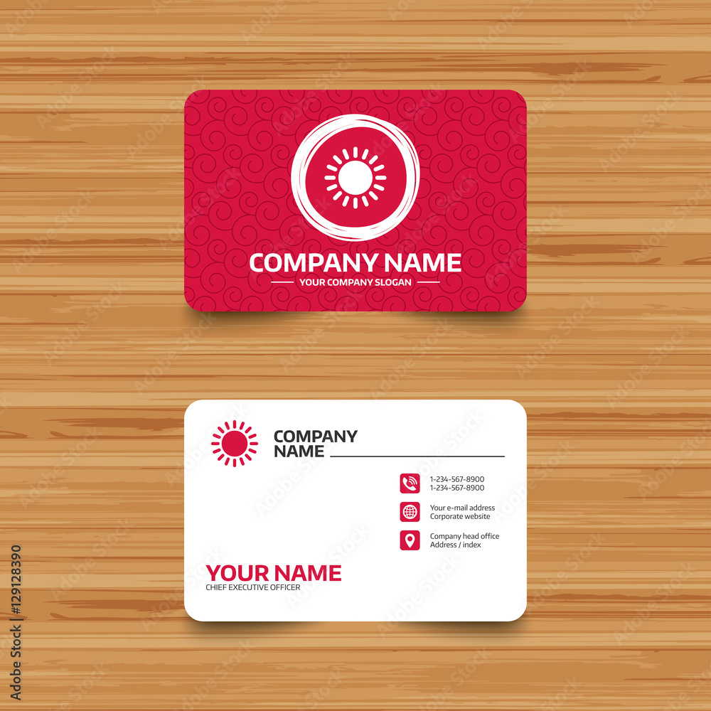 Fototapeta premium Business card template with texture. Sun icon. Sunlight summer symbol. Hot weather sign. Phone, web and location icons. Visiting card Vector