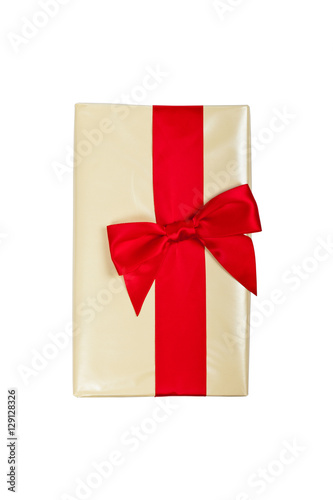 Christmas Gift Box with red ribbon bow, isolated on white. Selective focus. © Ali Safarov
