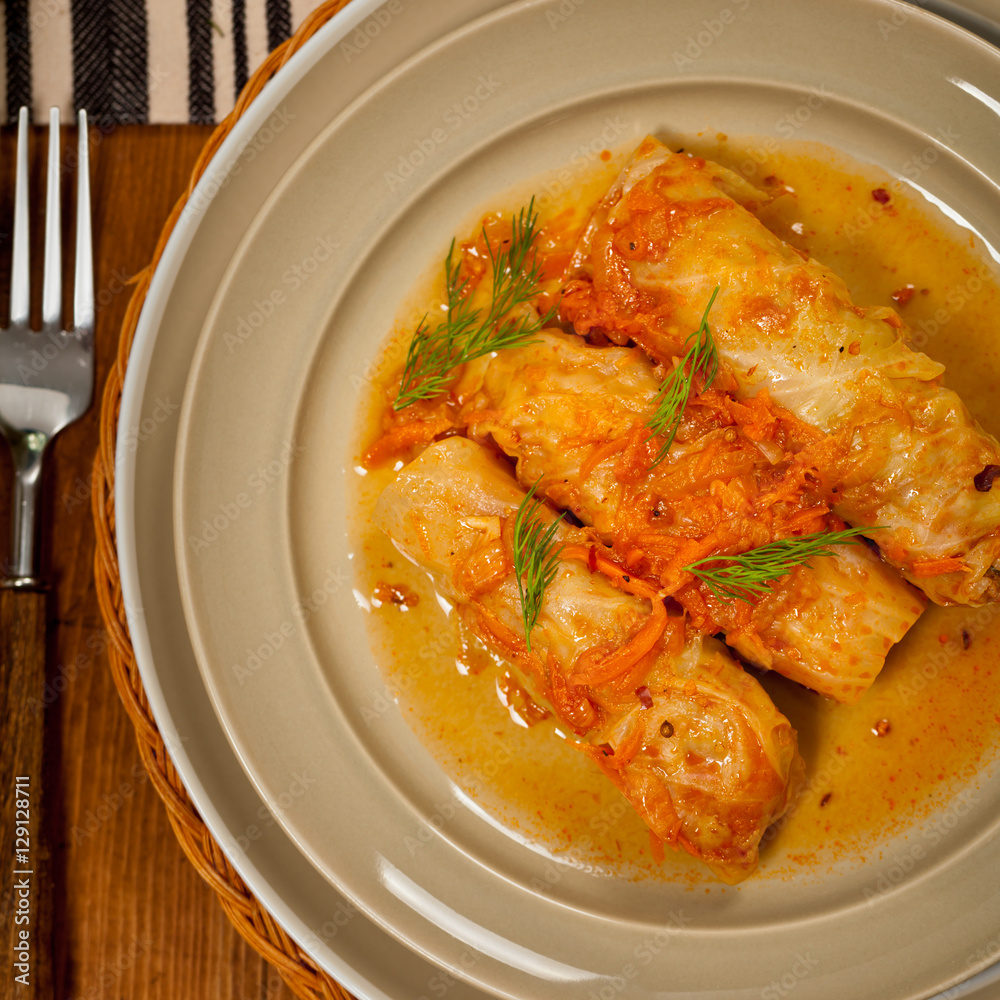 Cabbage Rolls stuffed with meat and vegetables. Selective focus. Cabbage Rolls stuffed with meat and vegetables. Selective focus.