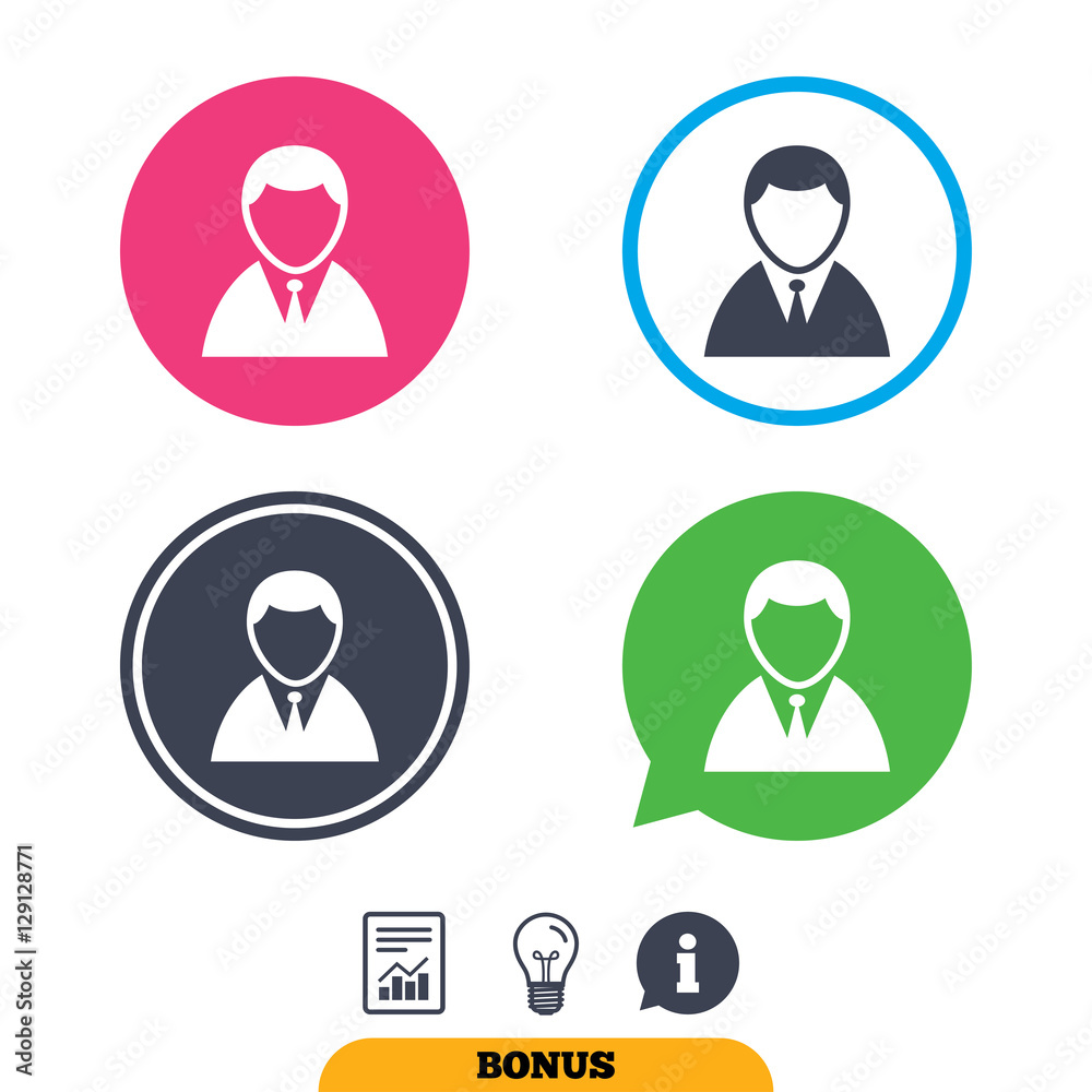 User sign icon. Person symbol. Human in suit avatar. Report document, information sign and light bulb icons. Vector User sign icon. Person symbol. Human in suit avatar. Report document, information sign and light bulb icons. Vector