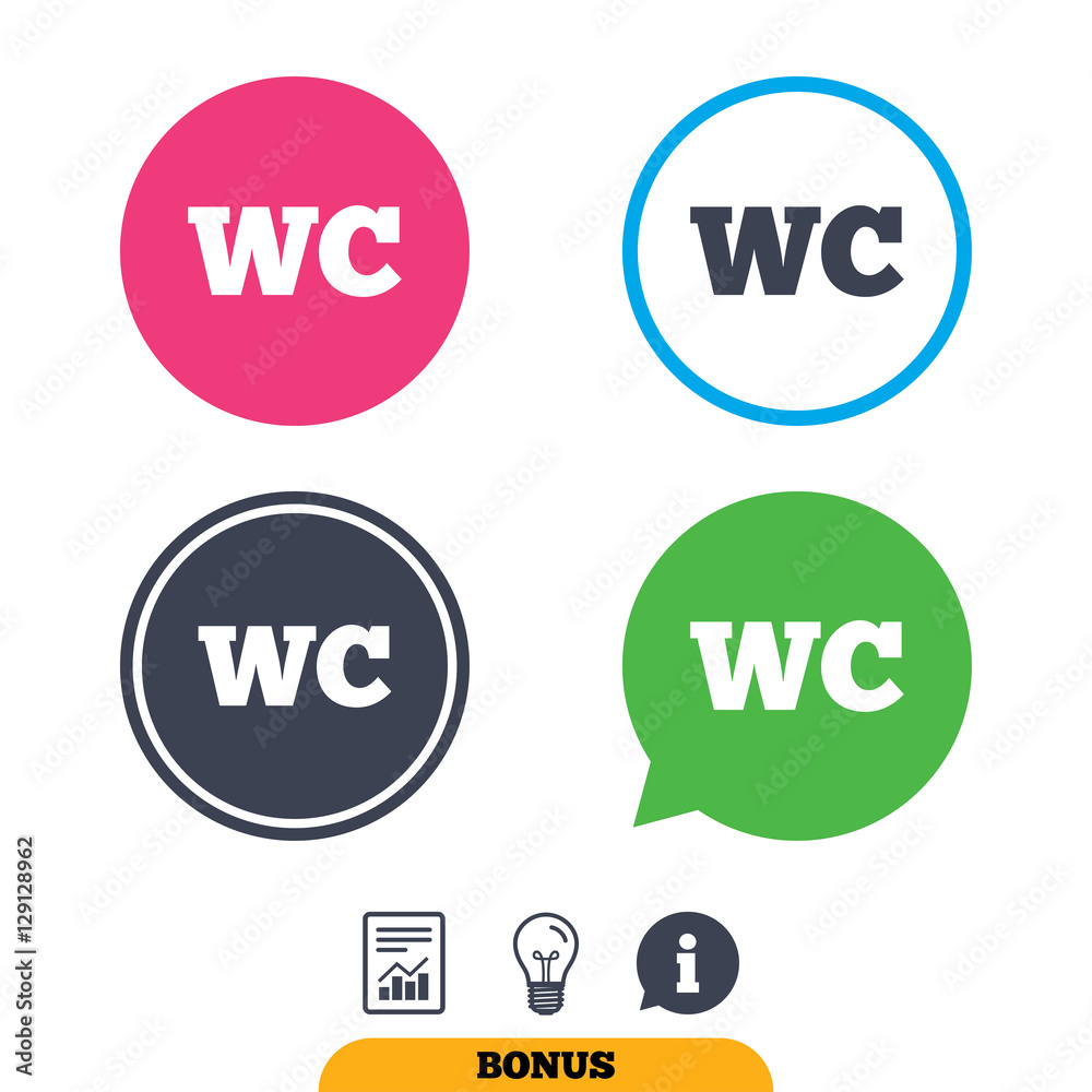 WC Toilet sign icon. Restroom or lavatory symbol. Report document, information sign and light bulb icons. Vector WC Toilet sign icon. Restroom or lavatory symbol. Report document, information sign and light bulb icons. Vector