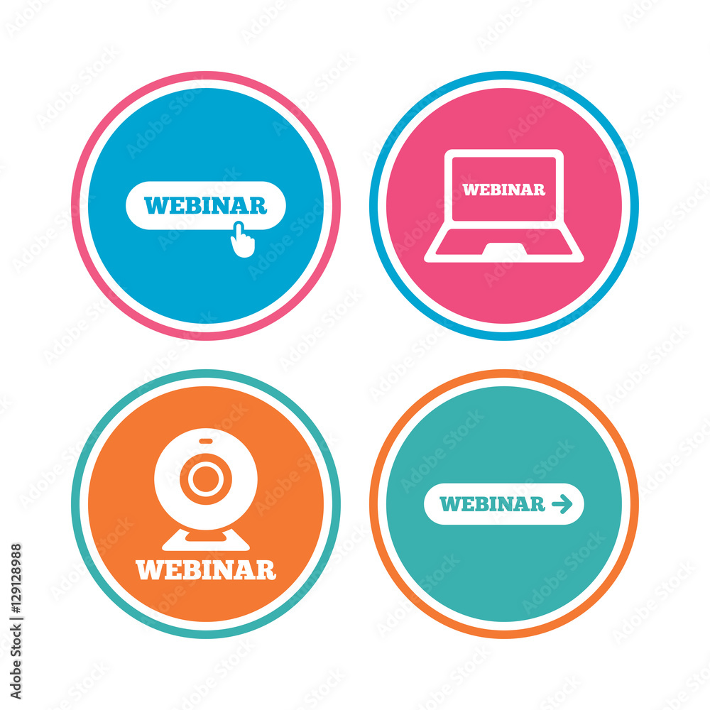 Webinar icons. Web camera and notebook pc signs. Website e-learning or online study symbols. Colored circle buttons. Vector Webinar icons. Web camera and notebook pc signs. Website e-learning or online study symbols. Colored circle buttons. Vector