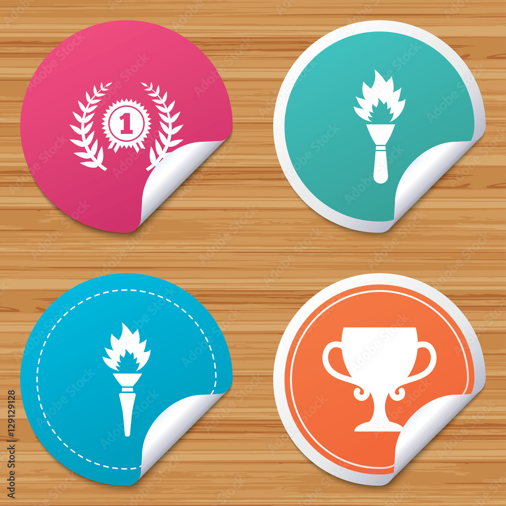 Round stickers or website banners. First place award cup icons. Laurel ...