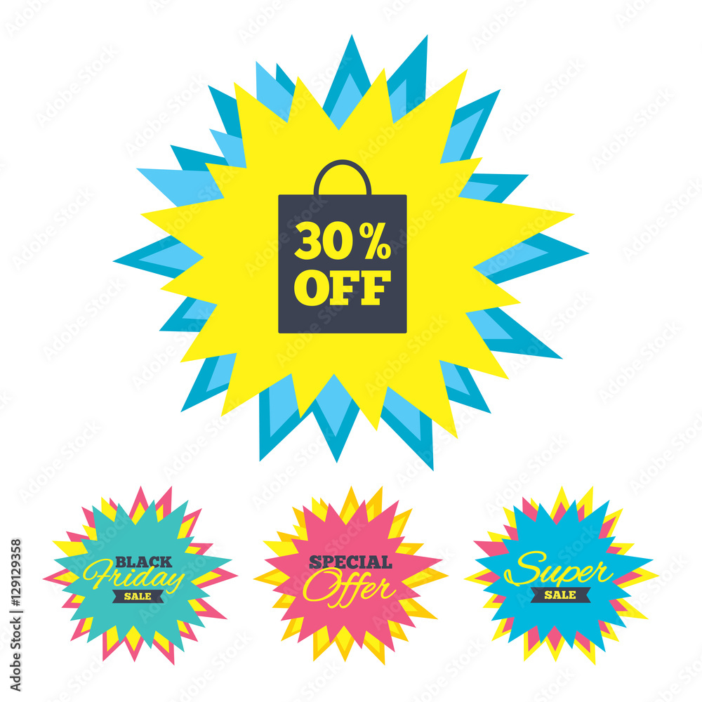 Sale stickers and banners. 30 sale bag tag sign icon. Discount symbol
