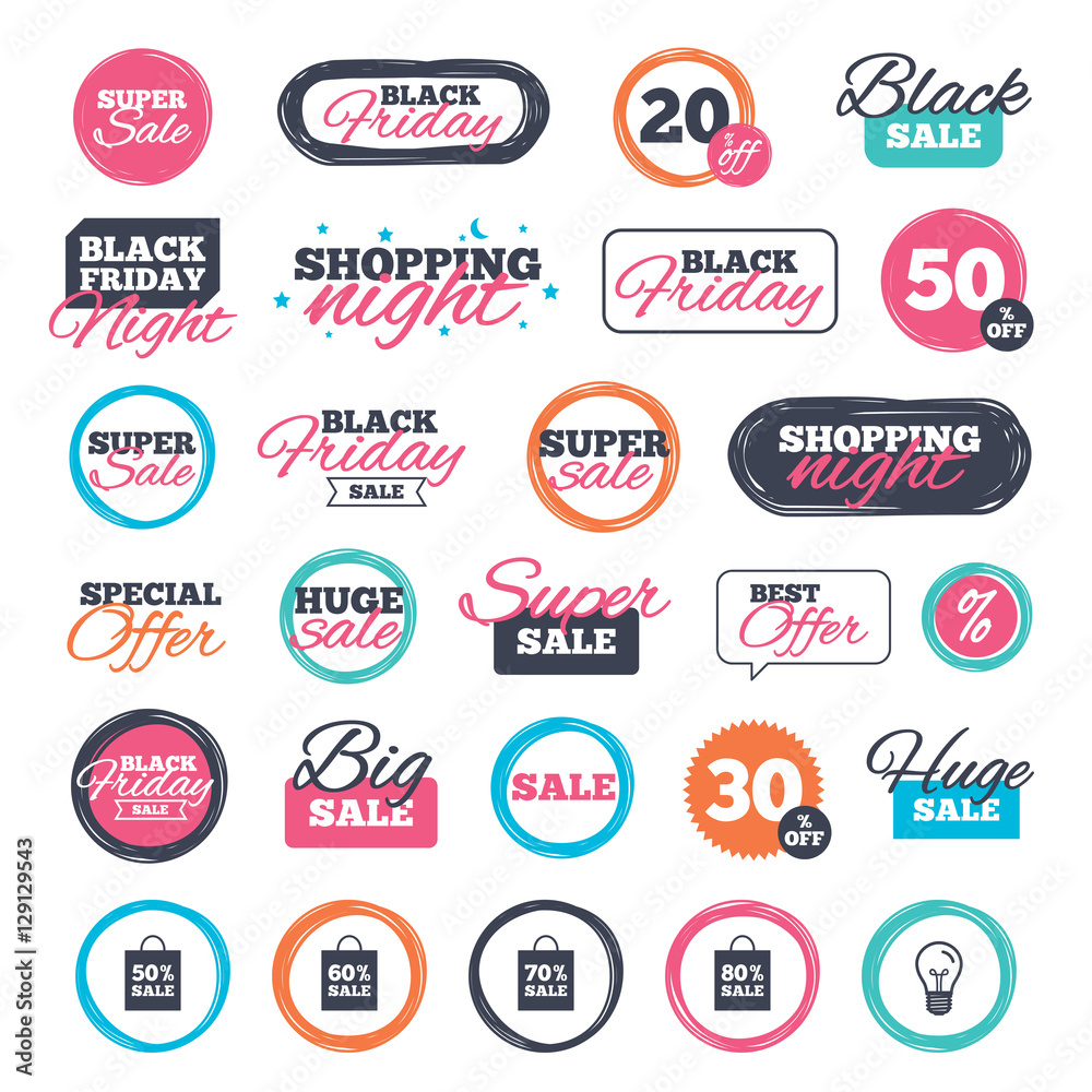 Sale shopping stickers and banners. Sale bag tag icons. Discount special offer symbols. 50%, 60%, 70% and 80% percent sale signs. Website badges. Black friday. Vector