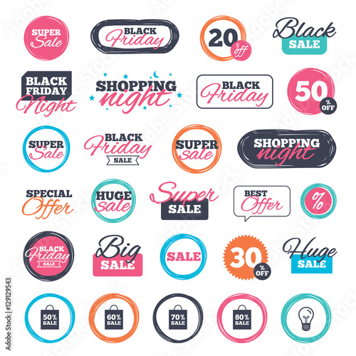 Sale shopping stickers and banners. Sale bag tag icons. Discount special offer symbols. 50%, 60%, 70% and 80% percent sale signs. Website badges. Black friday. Vector