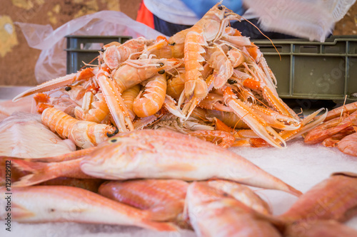 Fresh fish and scampi for sale in a fish market in the Croatian town of Split.