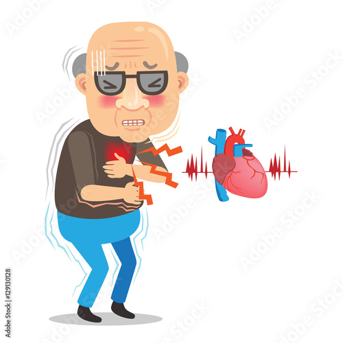 Heart Palpitations symptom Heart attack. with aching heart holding his chest old age muscular man with chest pain isolated on white background. cartoon Vector illustrations