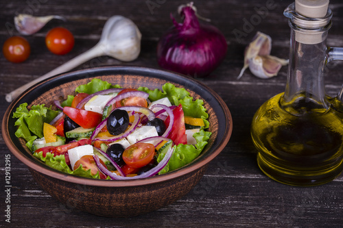 Fresh vegetable greek salad on the table