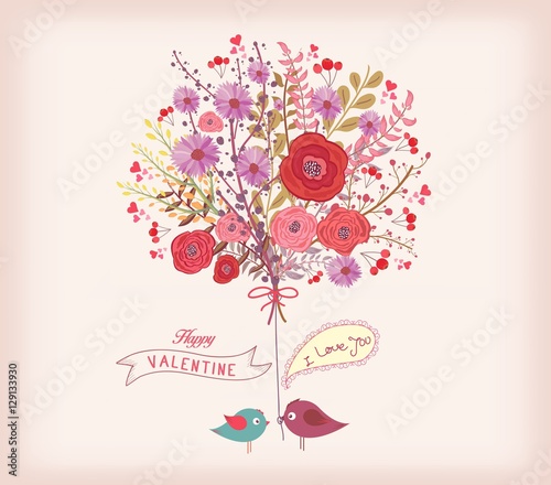Valentines day card. watercolor flowers and bird. fall in love