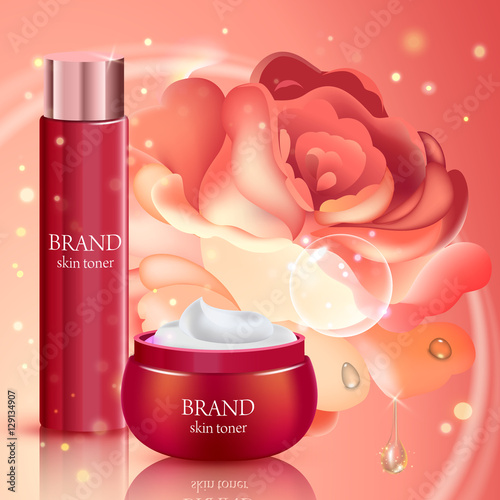 Skin toner contained in bottle and cosmetic jar. Vector illustration
