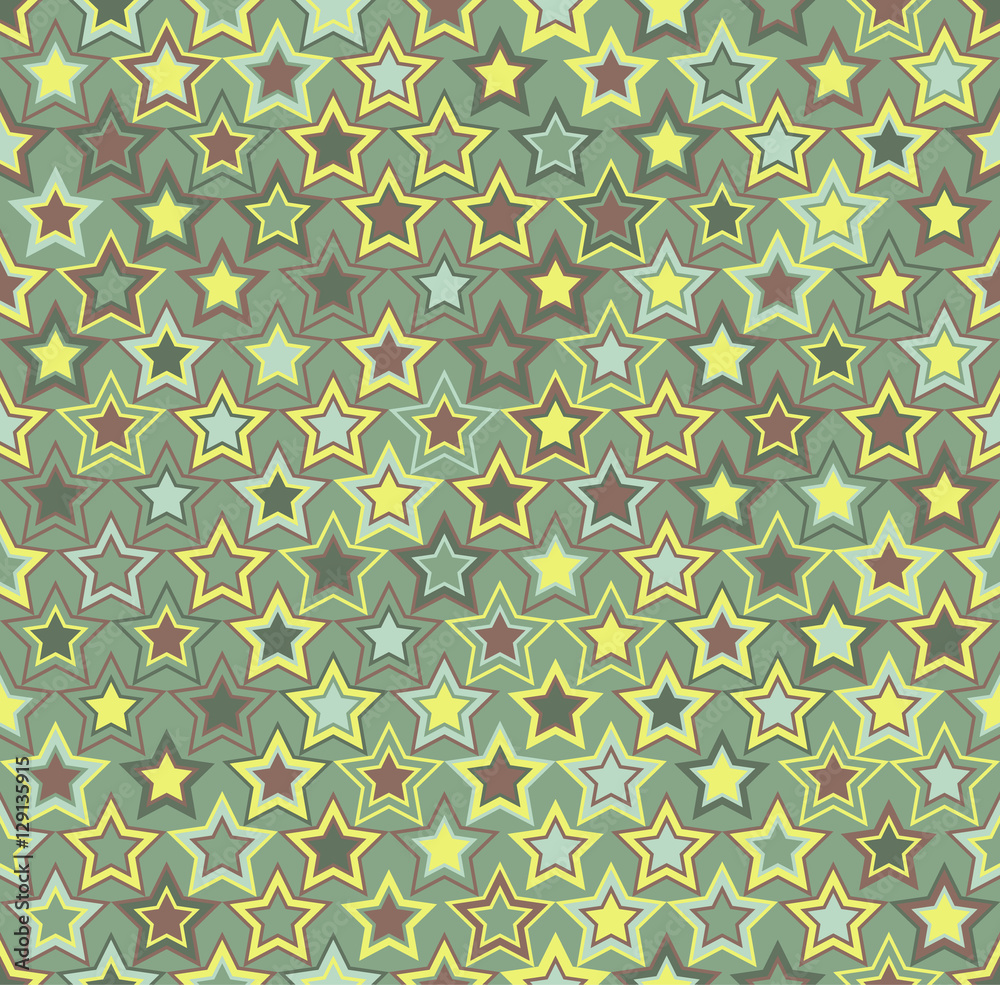 Geometric seamless pattern. The stars of different colors. The elements are arranged on background green color. Geometric seamless pattern. The stars of different colors. The elements are arranged on background green color.