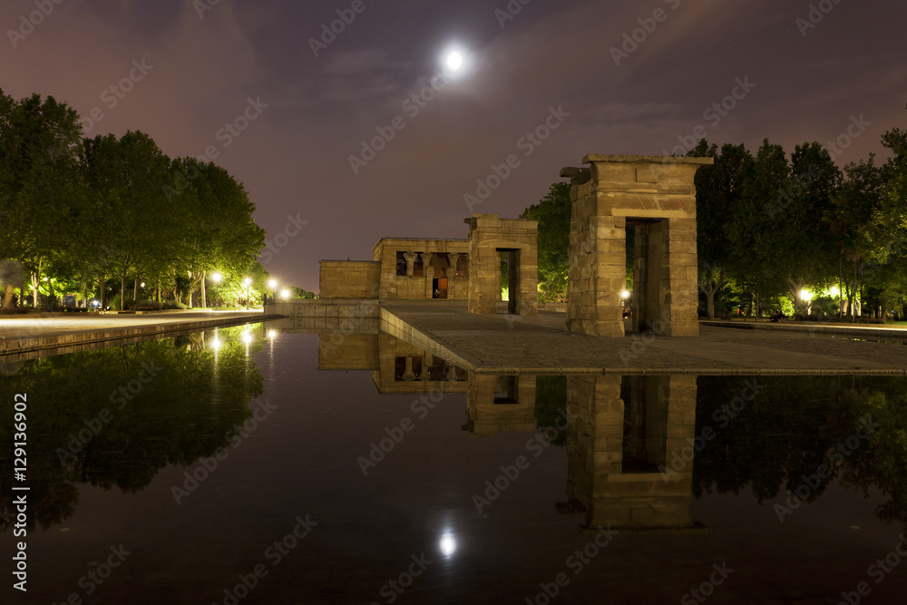 Night view of the ancient Egyptian Temple of Debod in Madrid, donated to Spain by Egypt 