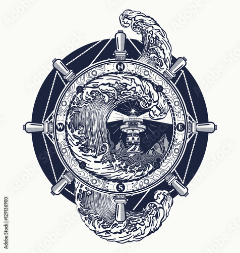Steering wheel ship tatto art, sea tattoo and t-shirt design