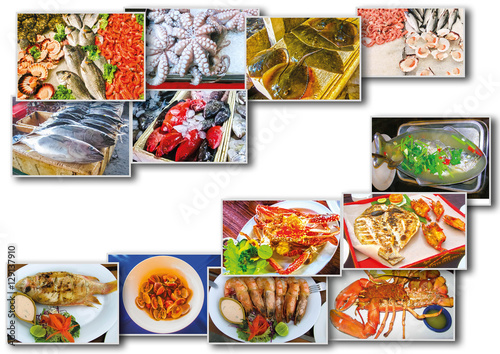 Sea food collage with raw fish and restaurant dishes