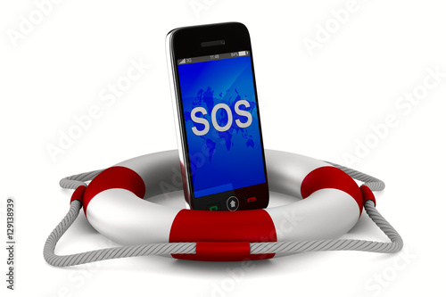 lifebuoy and phone on white...