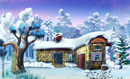 Big Tree Near Old  Wooden House in a Winter Forest