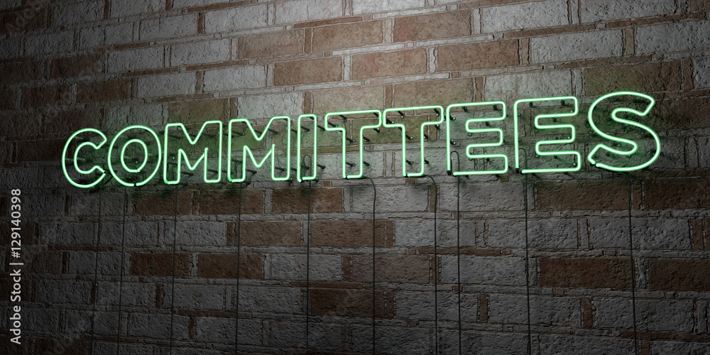 COMMITTEES - Glowing Neon Sign on stonework wall - 3D rendered royalty free stock illustration.  Can be used for online banner ads and direct mailers.. - obrazy, fototapety, plakaty 
