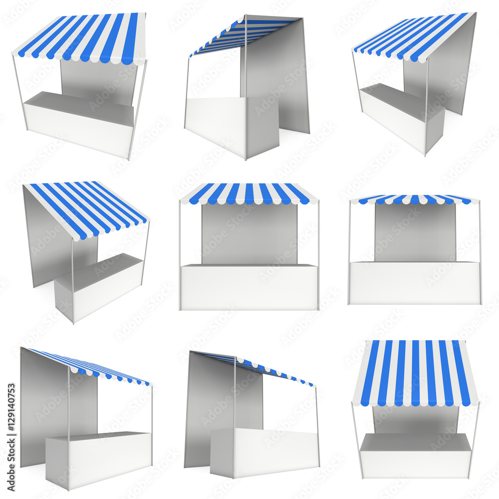 Market stand kiosk stall with striped awning for promotion sale. Shopping cart set. Business store, showcase and kiosk, marketplace mobile. 3D render illustration isolated on white.