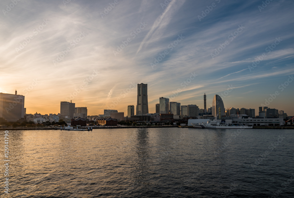 Yokohama Minato Mirai 21 seaside urban area in Japan at dusk