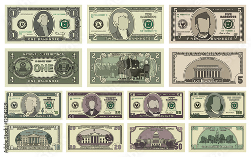 Vector cartoon dollar banknotes isolated on white background illustration. Every denomination of US currency note. Back sides of money bills photo