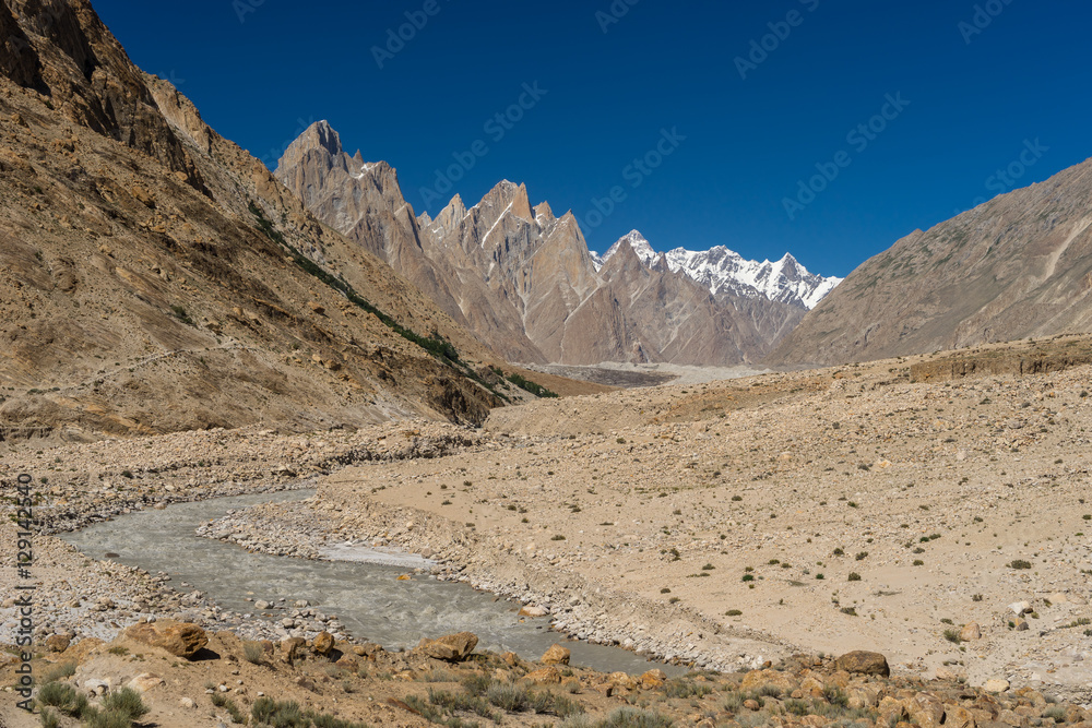 Fototapeta premium Trango tower family, Lobsang spire and river, K2 trek, Pakistan