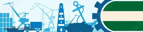 Cargo port relative icons set. Rotterdam flag in gear. Vector illustration for web banner or header