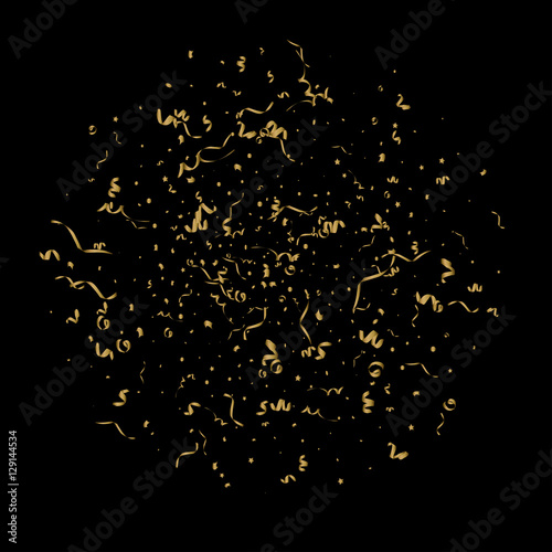 Golden confetti isolated on black background