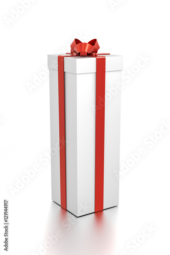 White gift box with red ribbon bow tie from side angle. Tall, vertical, long, rectangle and large size.