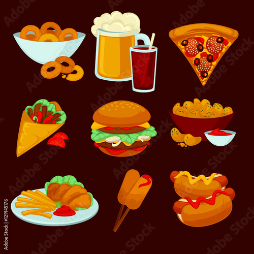 Set of fast food meals. Collection  cartoon snack icons