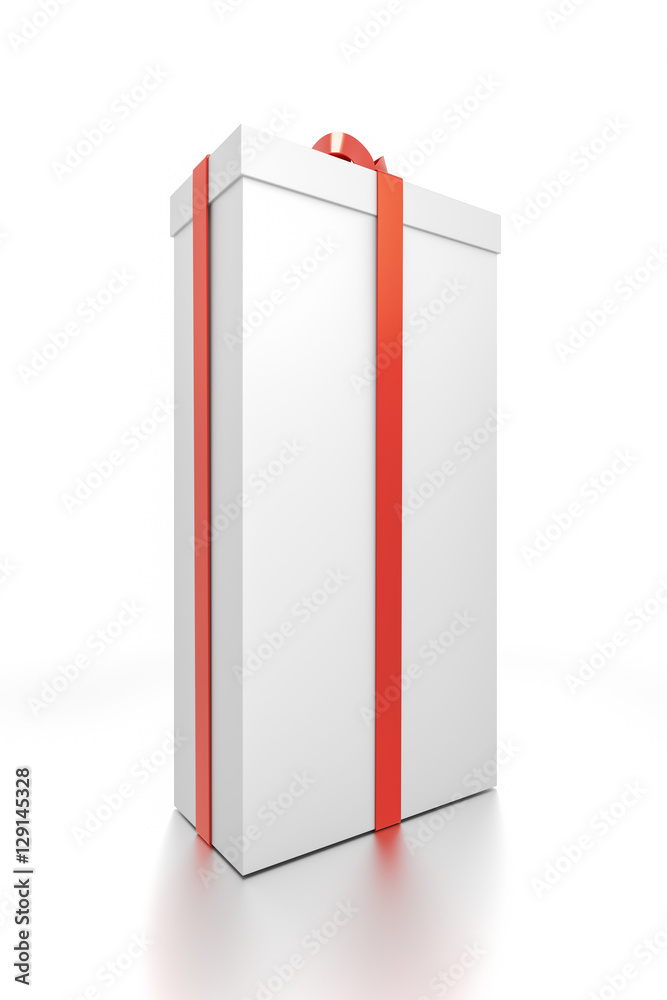 White gift box with red ribbon bow tie from side closeup angle. Tall, vertical, long, rectangle and large size. White gift box with red ribbon bow tie from side closeup angle. Tall, vertical, long, rectangle and large size.