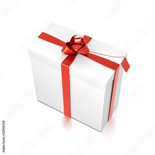 White gift box with red ribbon bow tie from top side closeup angle. Tall, wide, vertical, rectangle and medium size.