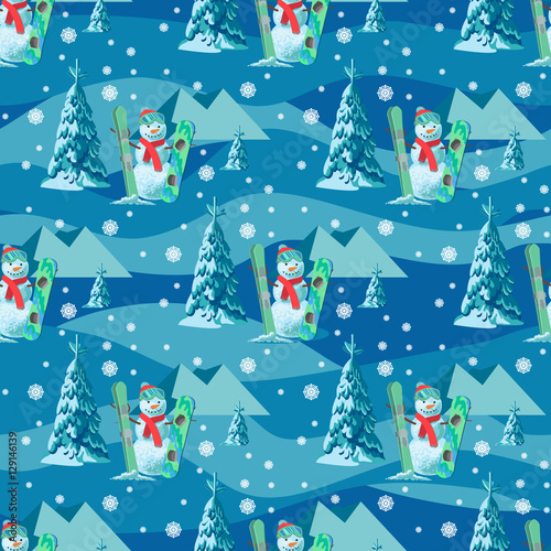 Endless pattern Christmas theme. Vector seamless illustration of a snowman, ski snowboard with snow covered trees, mountains in the blue background.