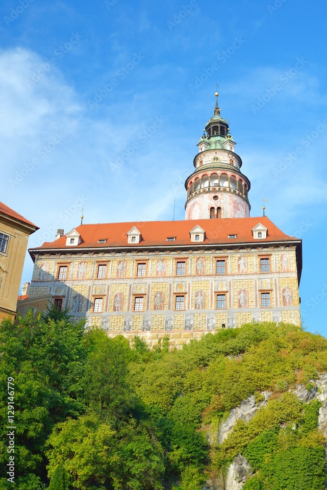 Cesky Krumlov Castle tower on a cliff