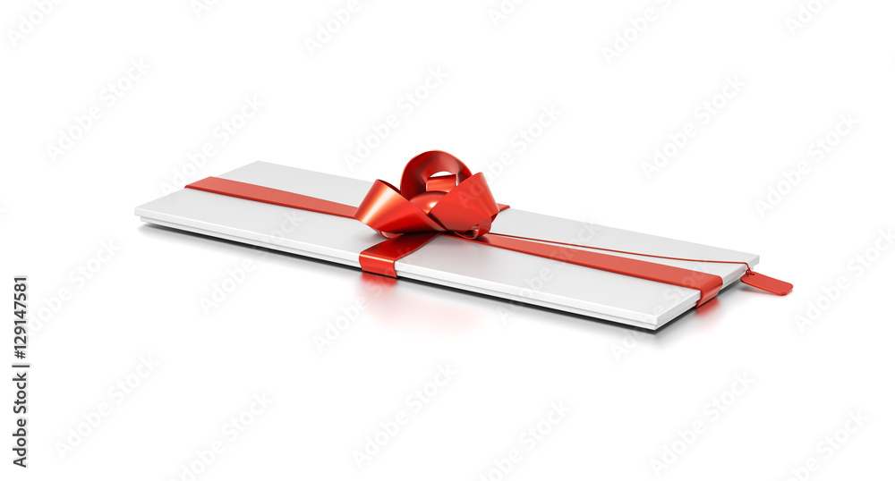 White gift box with red ribbon bow tie from top side angle. Thin, slim, wide, horizontal, long, rectangle and medium size. White gift box with red ribbon bow tie from top side angle. Thin, slim, wide, horizontal, long, rectangle and medium size.