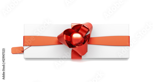 Wallpaper Mural White gift box with red ribbon bow tie from top angle. Thin, slim, wide, narrow, horizontal, rectangle and small size. Torontodigital.ca