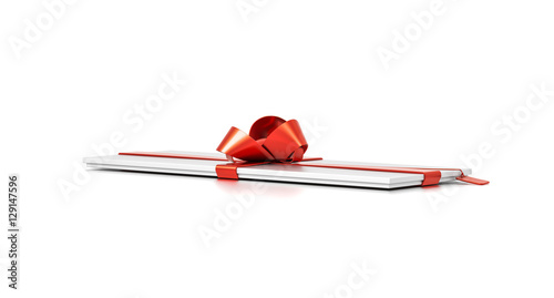 White gift box with red ribbon bow tie from far side angle. Thin, slim, wide, horizontal, long, rectangle and medium size.