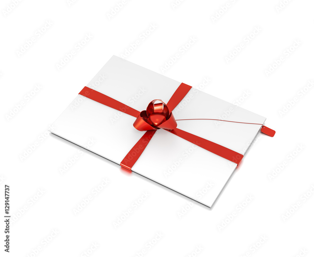 White gift box with red ribbon bow tie from top side closeup angle. Thin, slim, wide, horizontal, long, rectangle and medium size. White gift box with red ribbon bow tie from top side closeup angle. Thin, slim, wide, horizontal, long, rectangle and medium size.