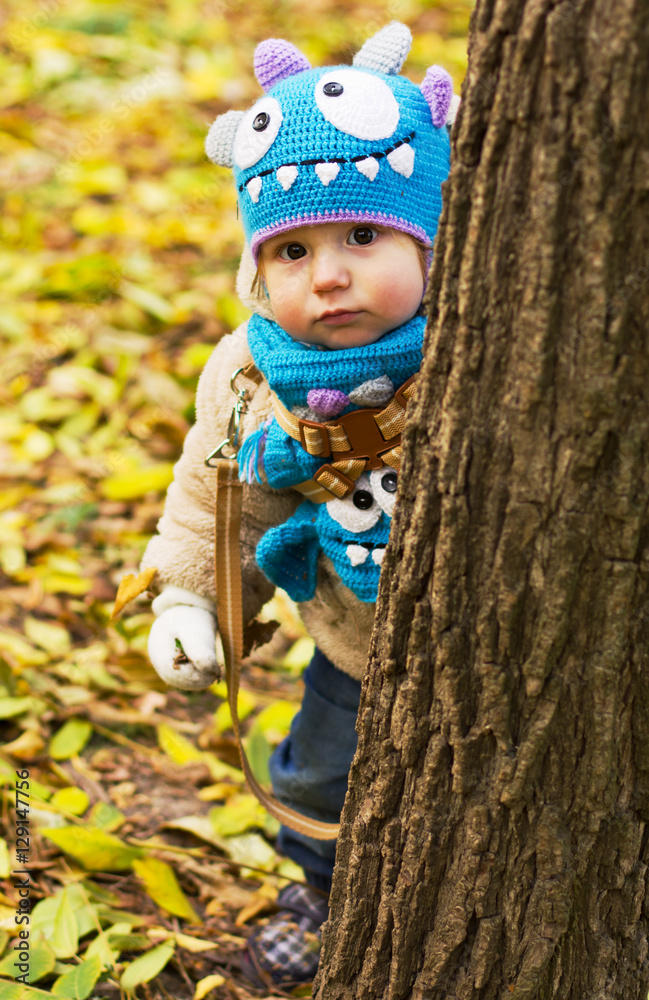 Kid in a funny hat. The boy walks in the fresh air. The kid is playing in the yellow leaves Kid in a funny hat. The boy walks in the fresh air. The kid is playing in the yellow leaves
