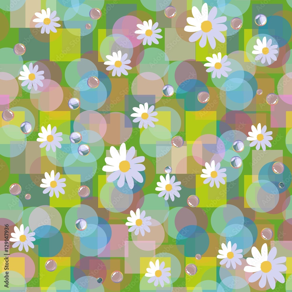 Seamless vector pattern with daisies and dewdrops on abstract background.