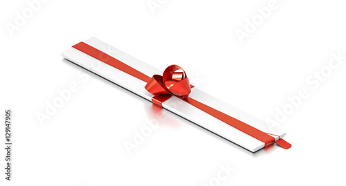 White gift box with red ribbon bow tie from top angle. Thin, slim, square and very large size.