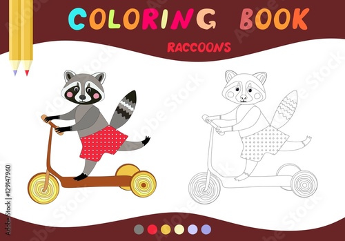 Coloring book. Cute raccoon. Vector illustration for children education.
