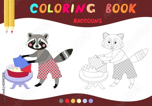 Magic math with cute raccoons. Educational game for children. Cartoon illustr...