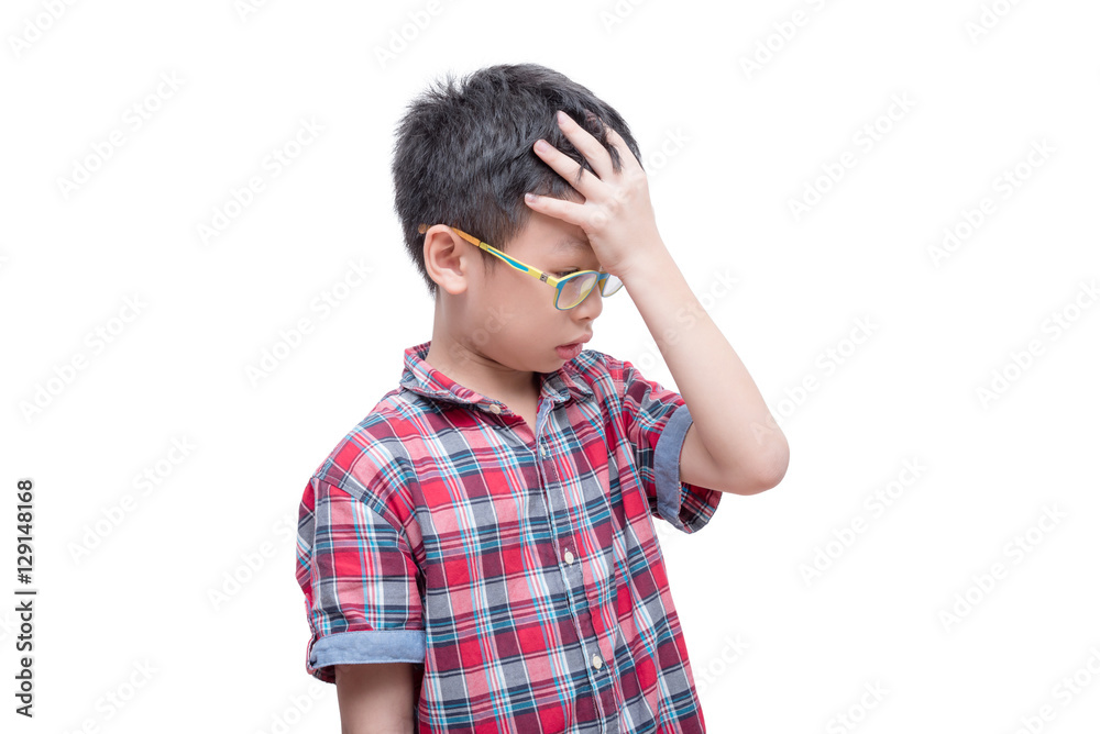 Young asian boy having headache over white Young asian boy having headache over white