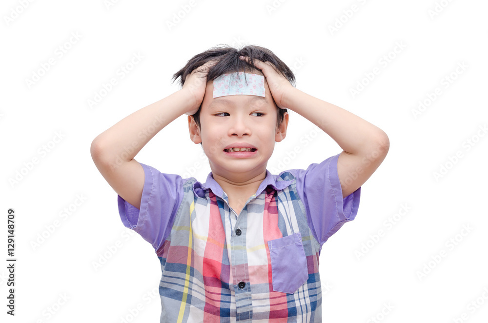 Little sick boy with headache over white background Little sick boy with headache over white background