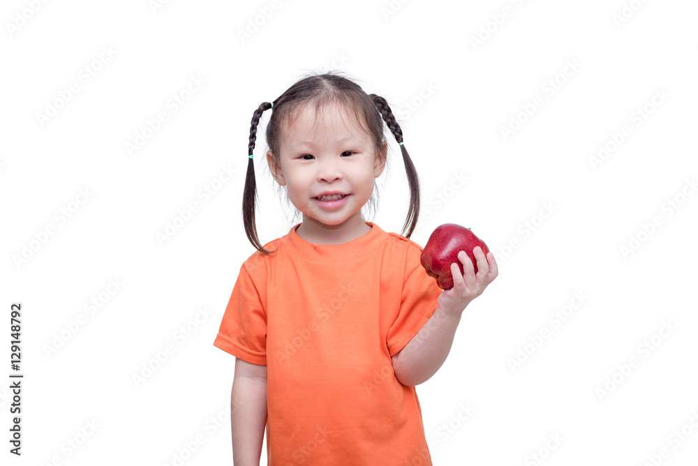 Little asian girl holding an apple over white Little asian girl holding an apple over white