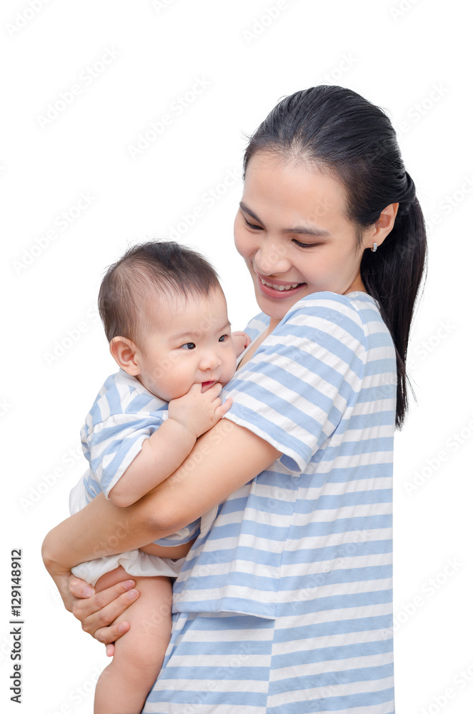 Beautiful young asian mother with her child over white backgroun Beautiful young asian mother with her child over white backgroun